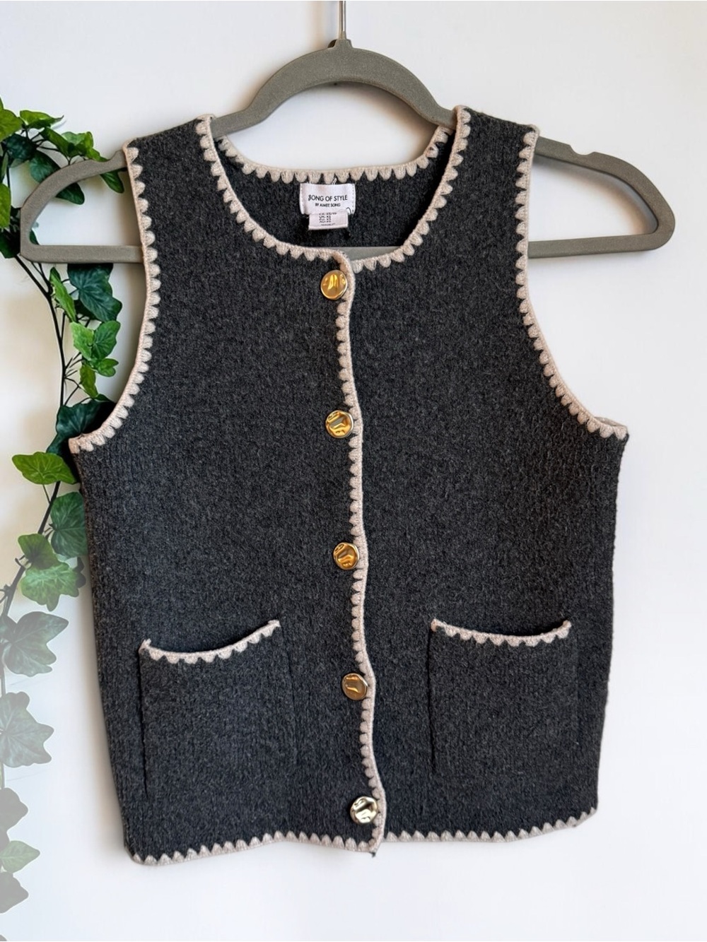 Song of Style Charcoal Vest with Cream Trim and Gold Buttons